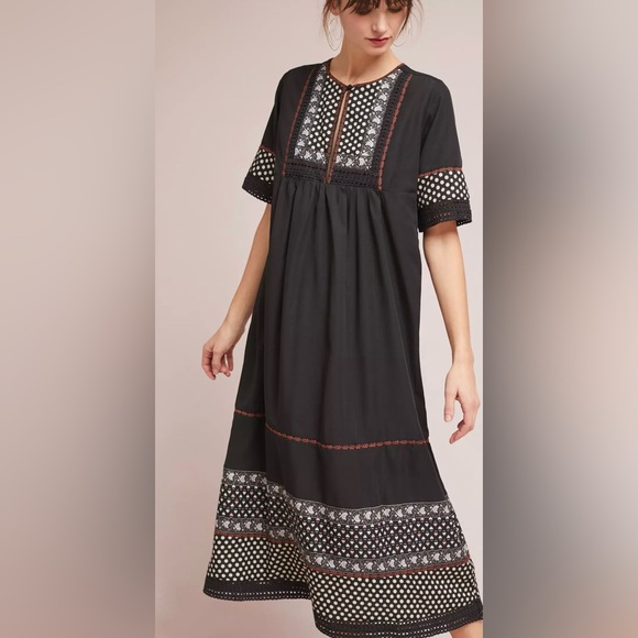 DRA Los Angeles Nash Patterned Lined Maxi Peasant Dress In Black Size XS - Picture 3 of 15